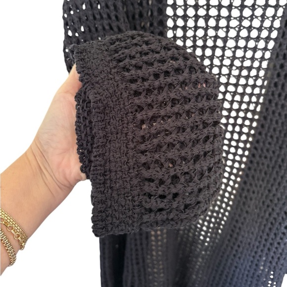 BCBG Maxazria | Black Long Open Front Crochet Festival Cardigan Fringe Hem Large - Picture 4 of 6